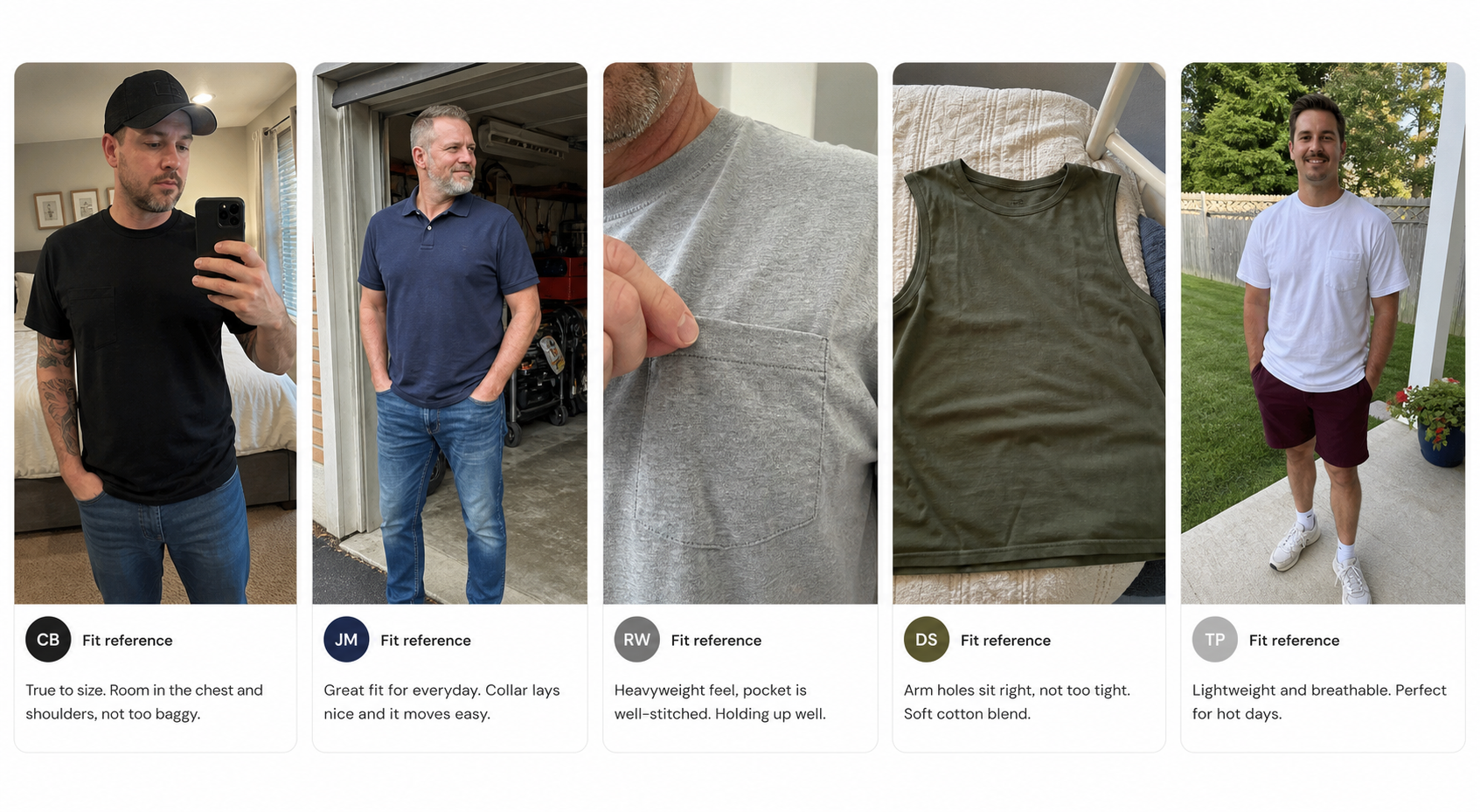Customer style fit reference photos for men's performance tees