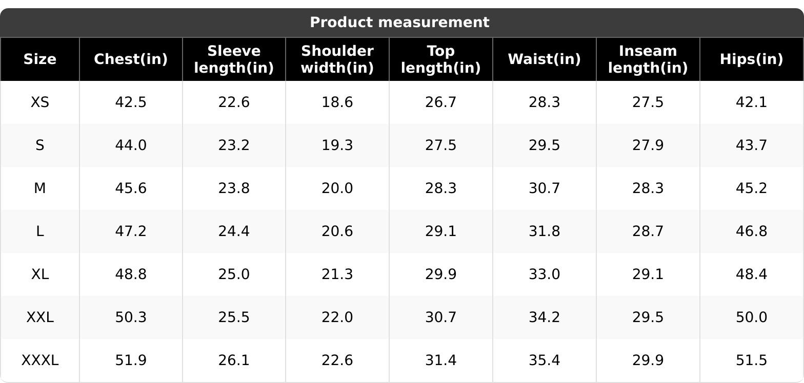 Tracksuit size chart in inches