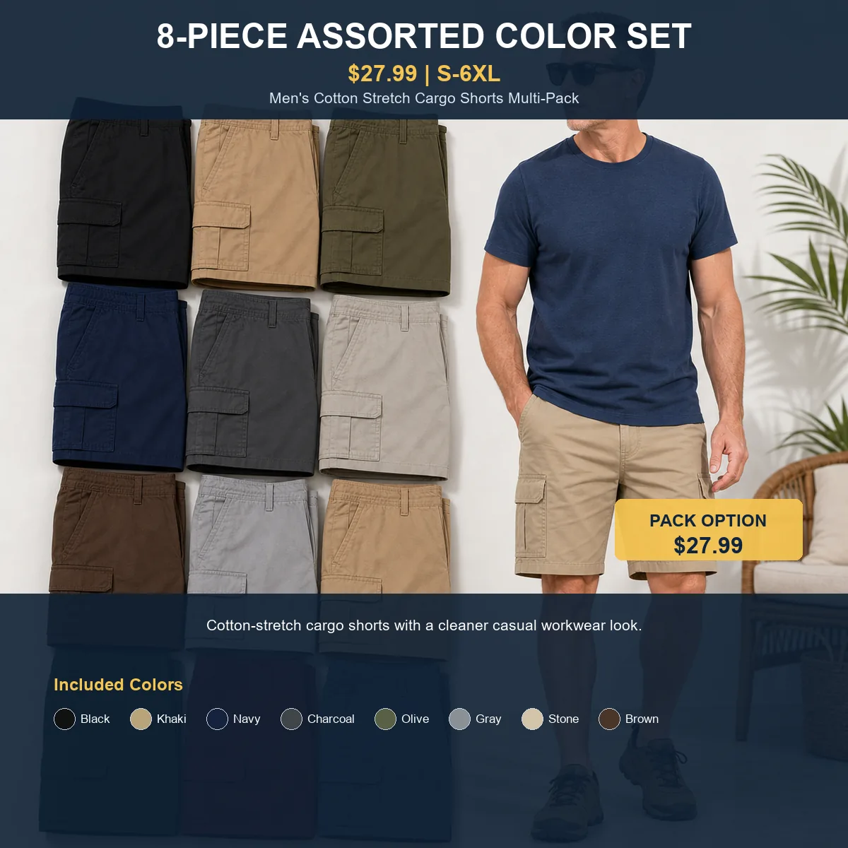 Men's Cotton Stretch Cargo Shorts Multi-Pack 8-Piece Assorted Color Set - $27.99