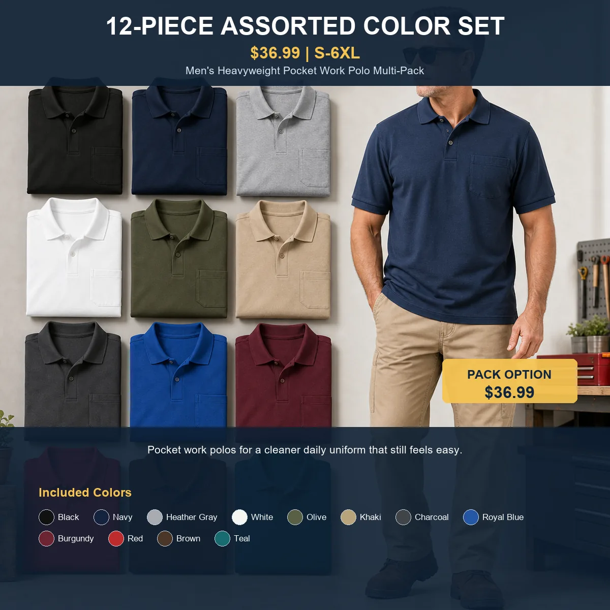 Men's Heavyweight Pocket Work Polo Multi-Pack 12-Piece Assorted Color Set - $36.99