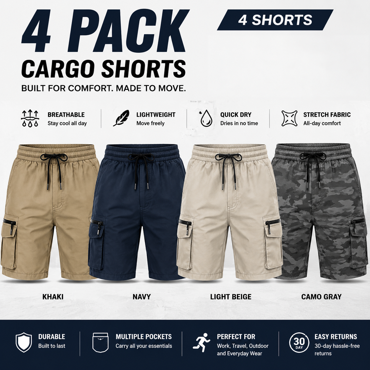 Men's Multi-Pocket Cargo Shorts Multi-Pack - 4-Pack B: Khaki / Navy / Light Beige / Camo Gray - $23.99