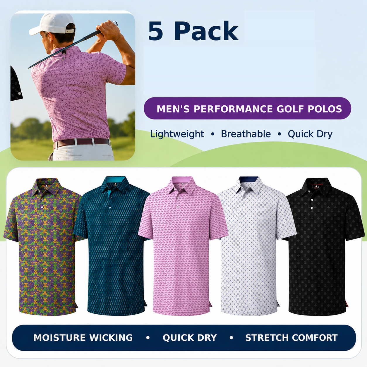 Men's Printed Breathable Golf Polo Shirt - Mixed 5-Pack B