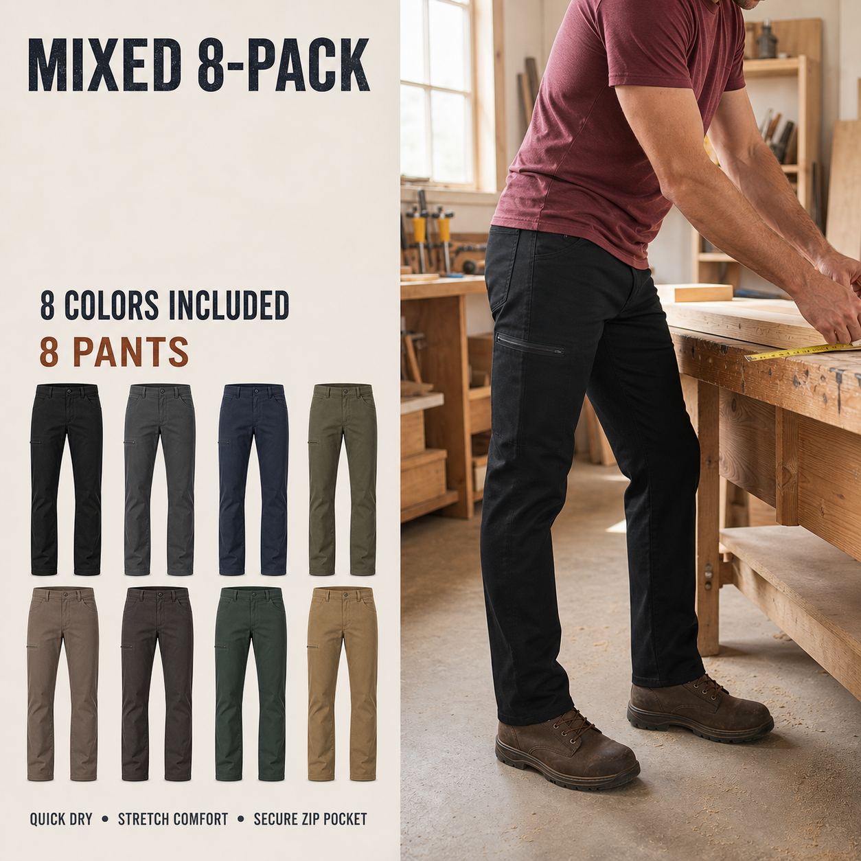 Men's Lightweight Stretch Utility Pants Multipack – Straight Leg Outdoor Work Pants