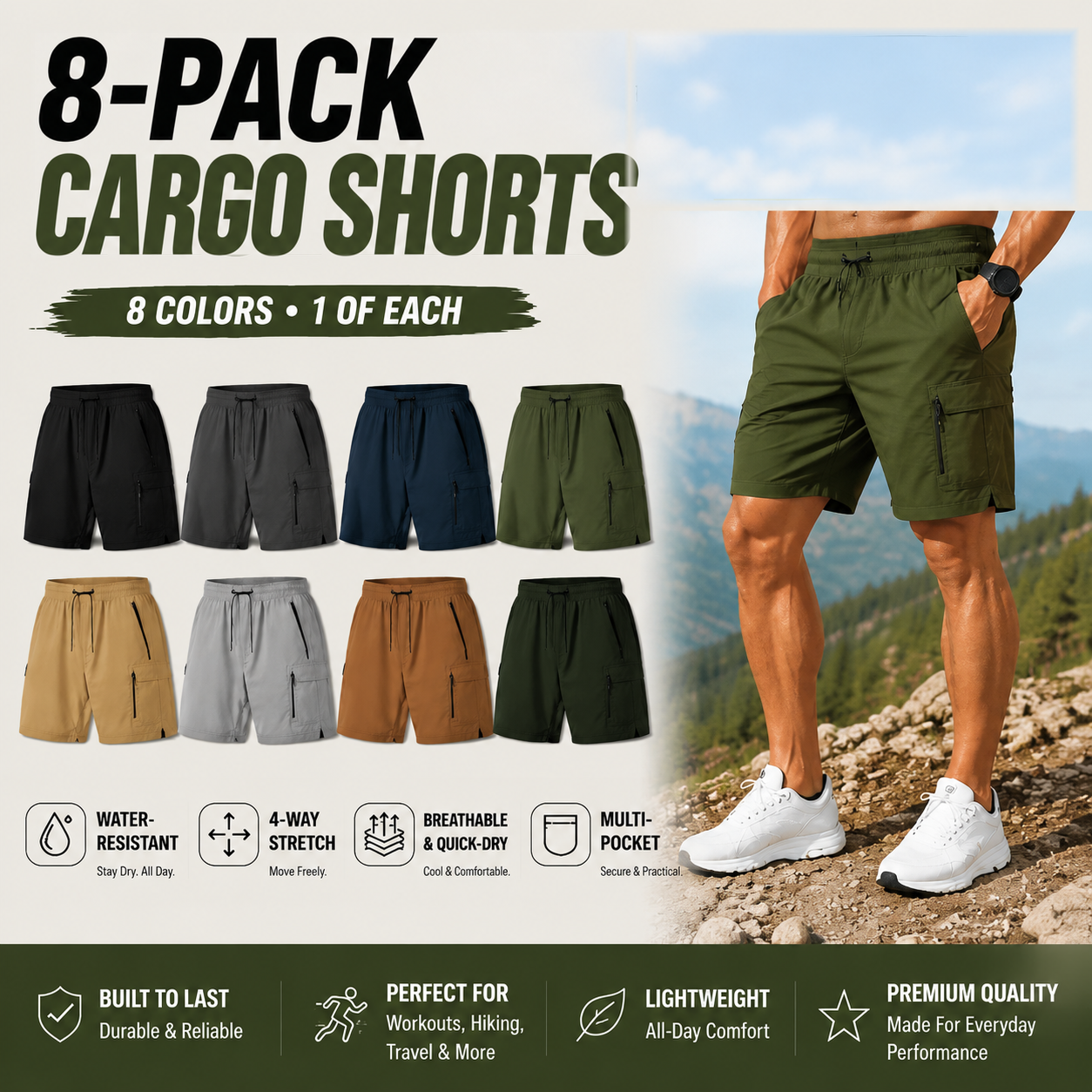 Men's Cargo Shorts Multi-Pack - Stretch Lightweight Drawstring Work Shorts - 8-PACK Value Deal (8 Colors) - $27.99
