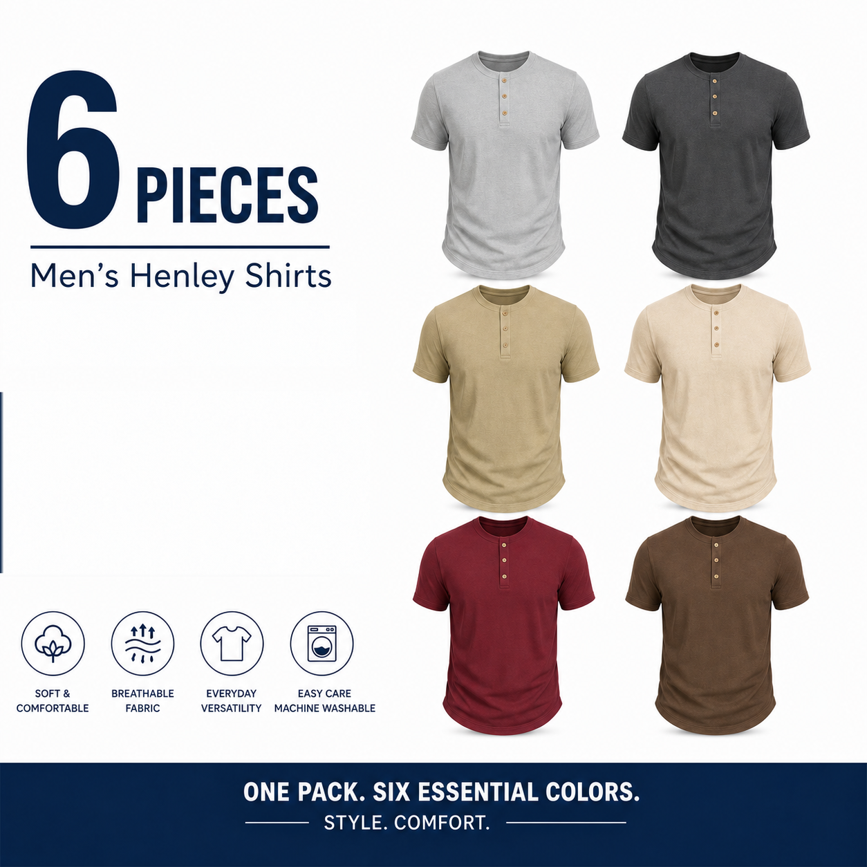Men's Short Sleeve Henley Shirts Multi-Pack - 6-Pack Warm Neutrals - $26.99