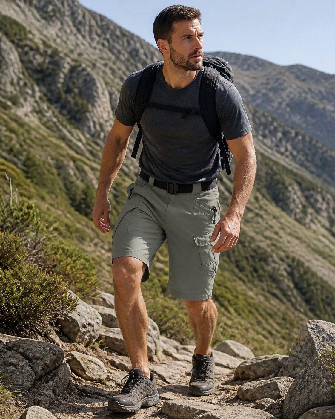 Men wearing olive tactical cargo shorts while hiking on a mountain trail