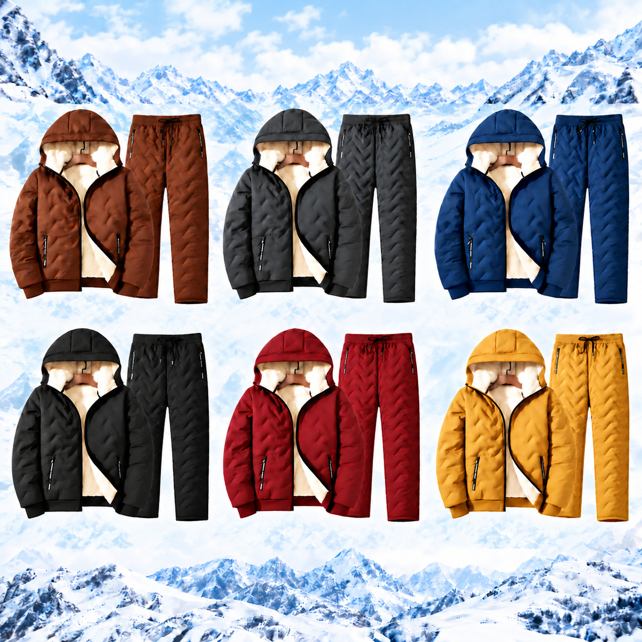 Six men's 2-piece hooded tracksuit sets in assorted colors
