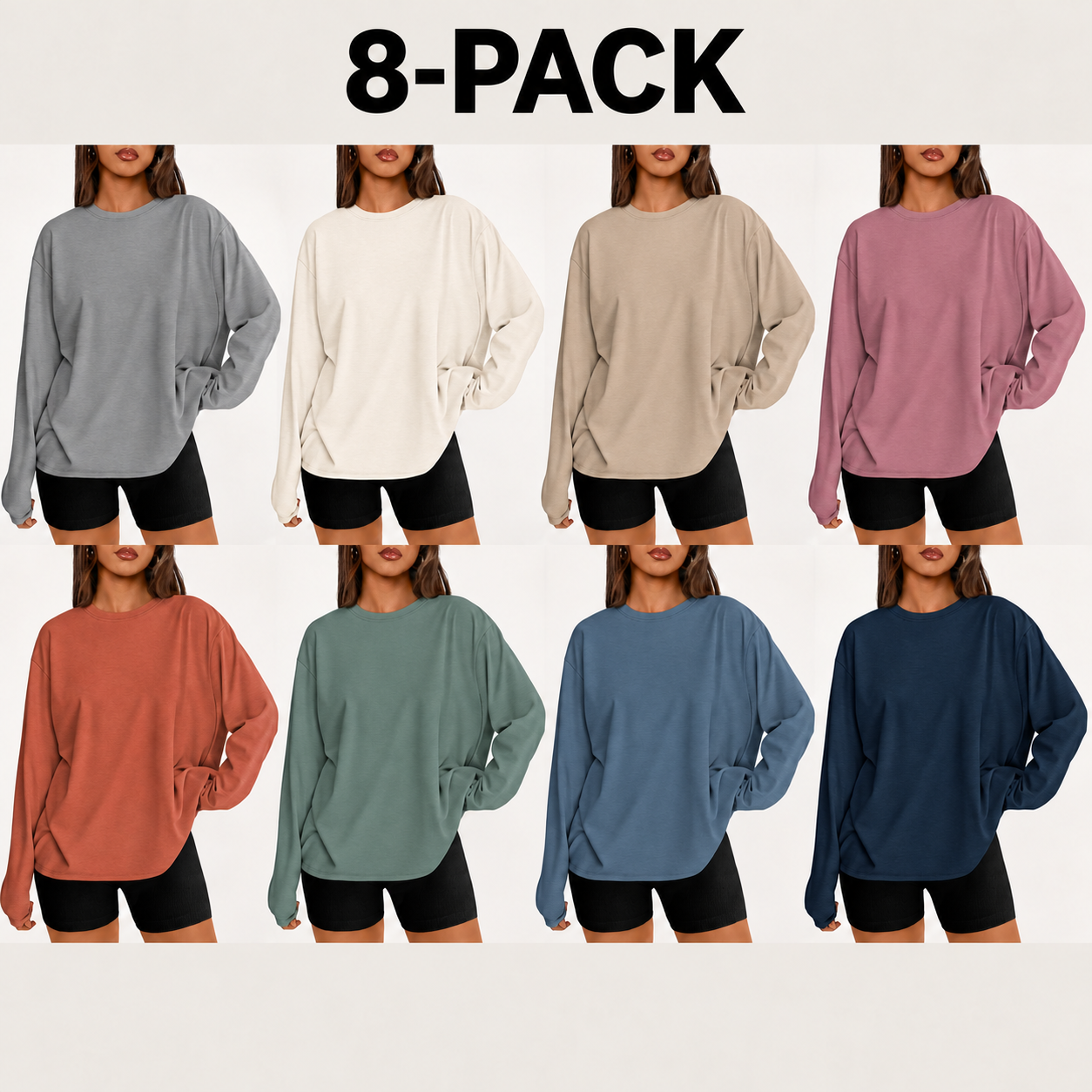 Women's Relaxed Long-Sleeve Crew-Neck Top Multipack — 8-PACK