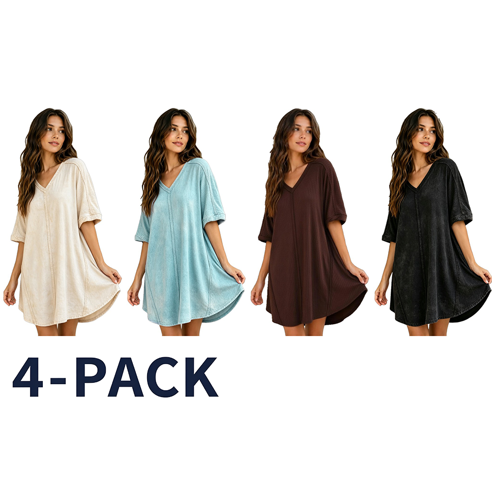Women's Ribbed Acid-Wash V-Neck Mini Dress Multipack