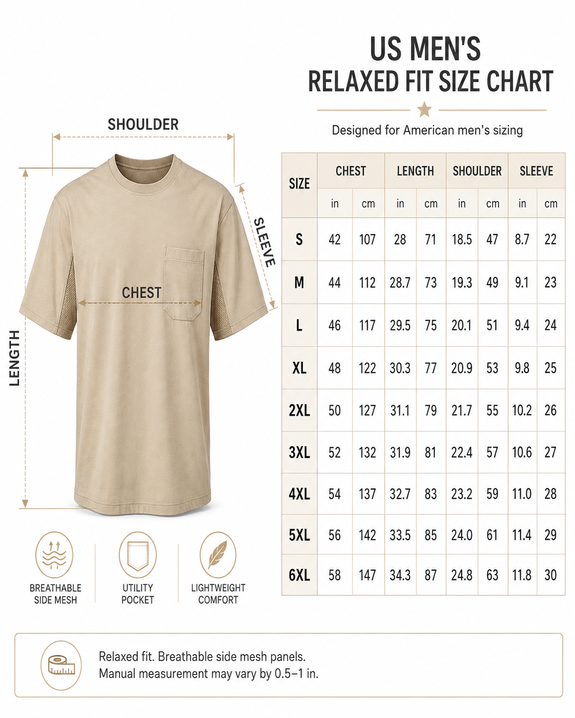 US men's relaxed fit size chart for summer pocket tee
