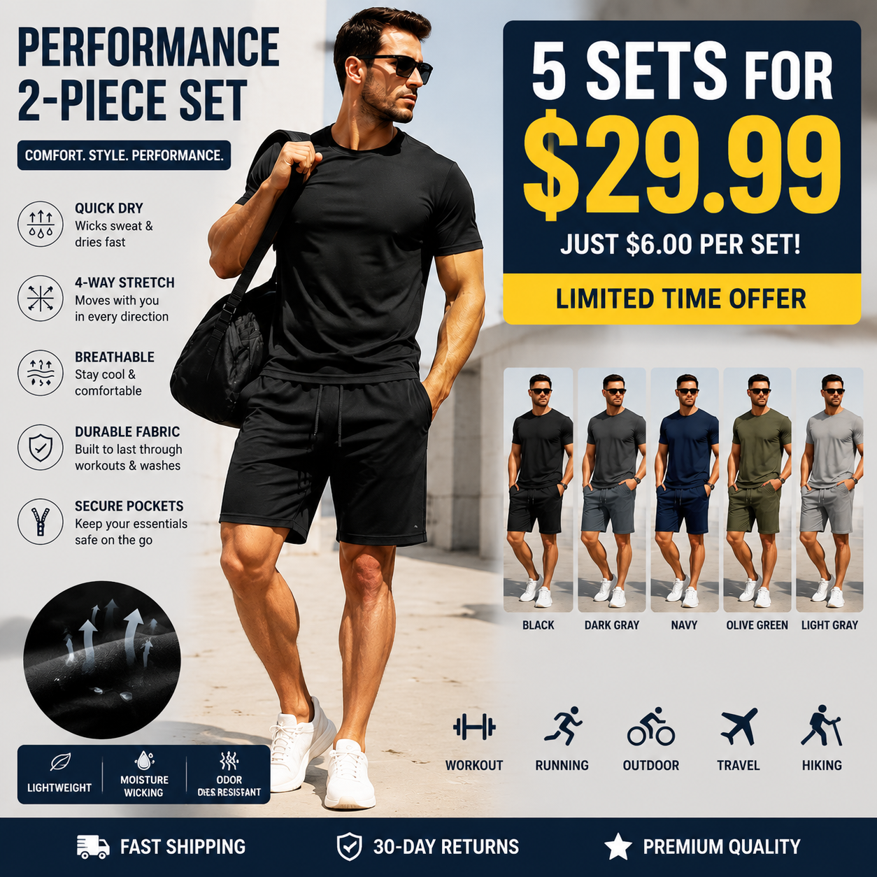 Men's Performance 2-Piece Set - 5-Pack Textured Tee & Shorts