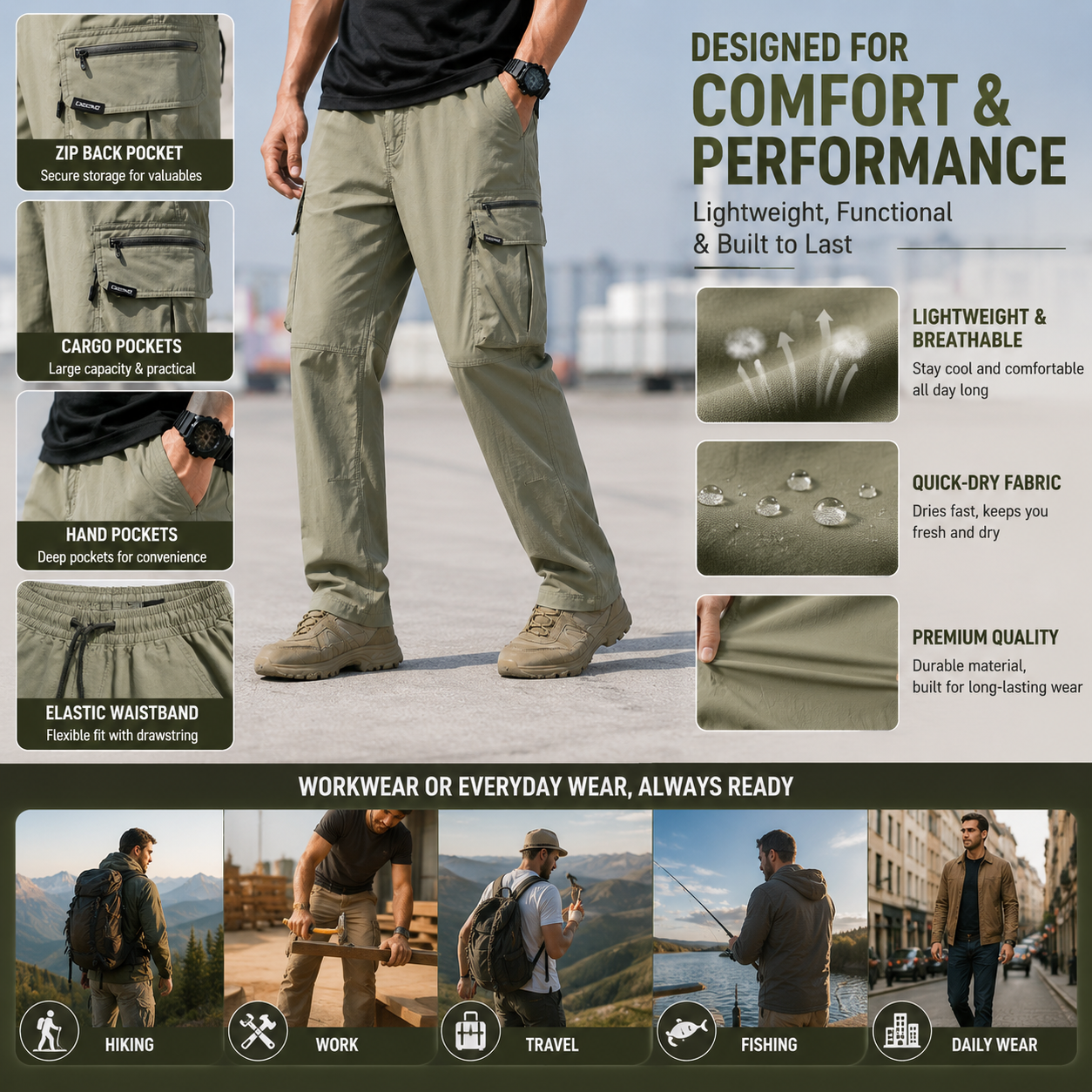 Cargo pants comfort and pocket feature overview