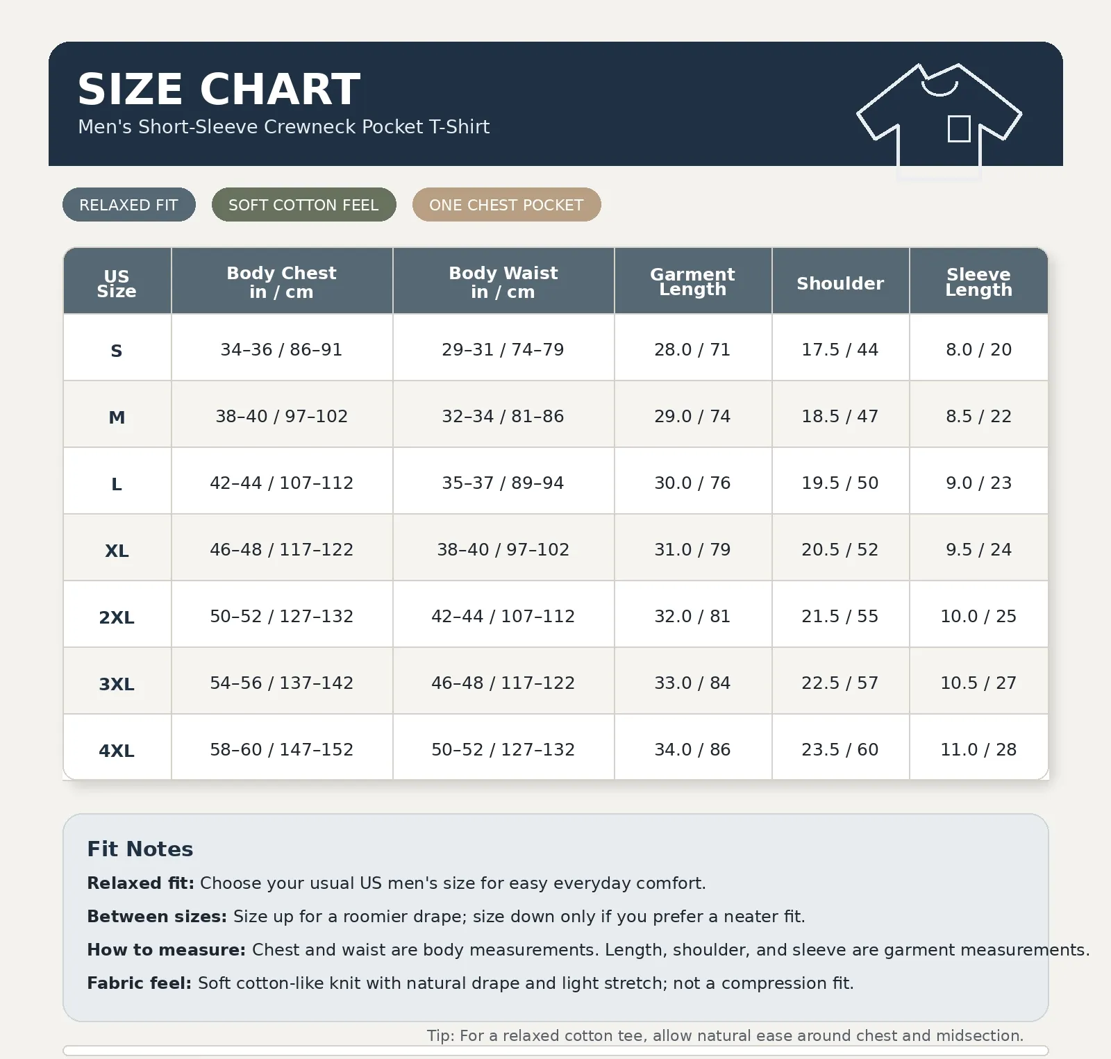 Size chart for men's crewneck pocket T-shirt