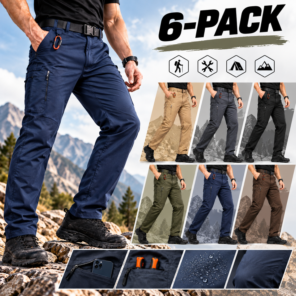 SV Mens Hiking Pants Quick Dry Water Resistant Lightweight Nylon Cargo Pants Breathable Work Travel Pants with 6 Pockets