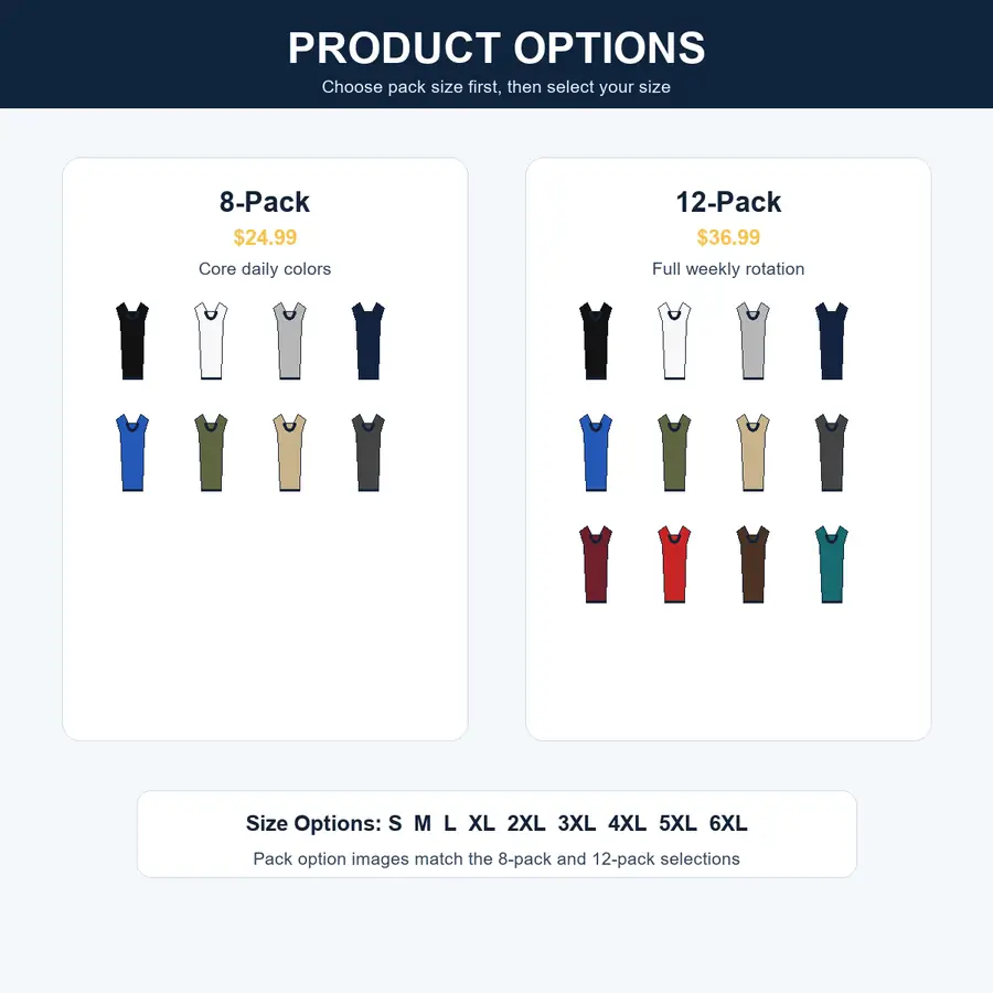 Sleeveless t-shirt pack and size option guide