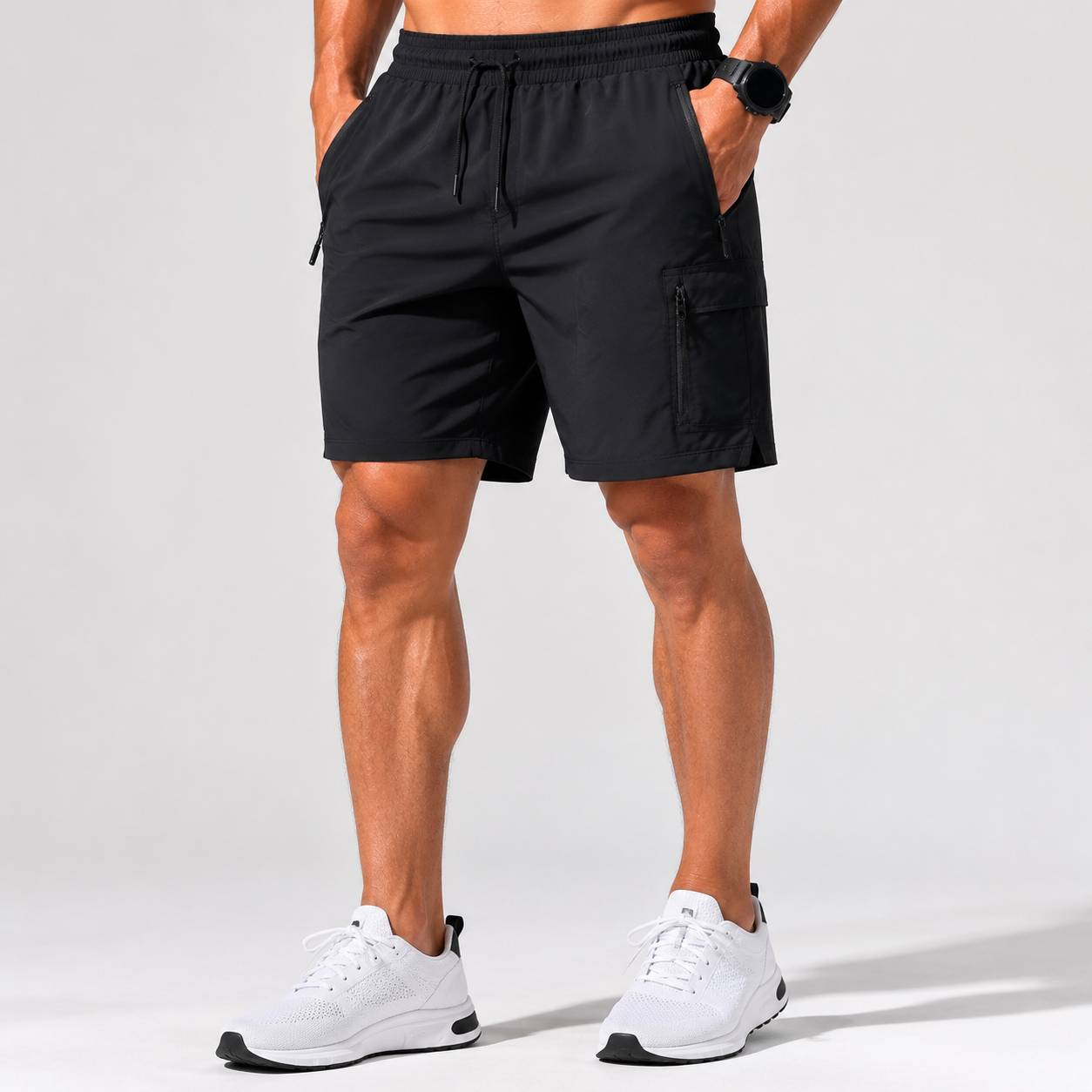 Front model view black cargo shorts