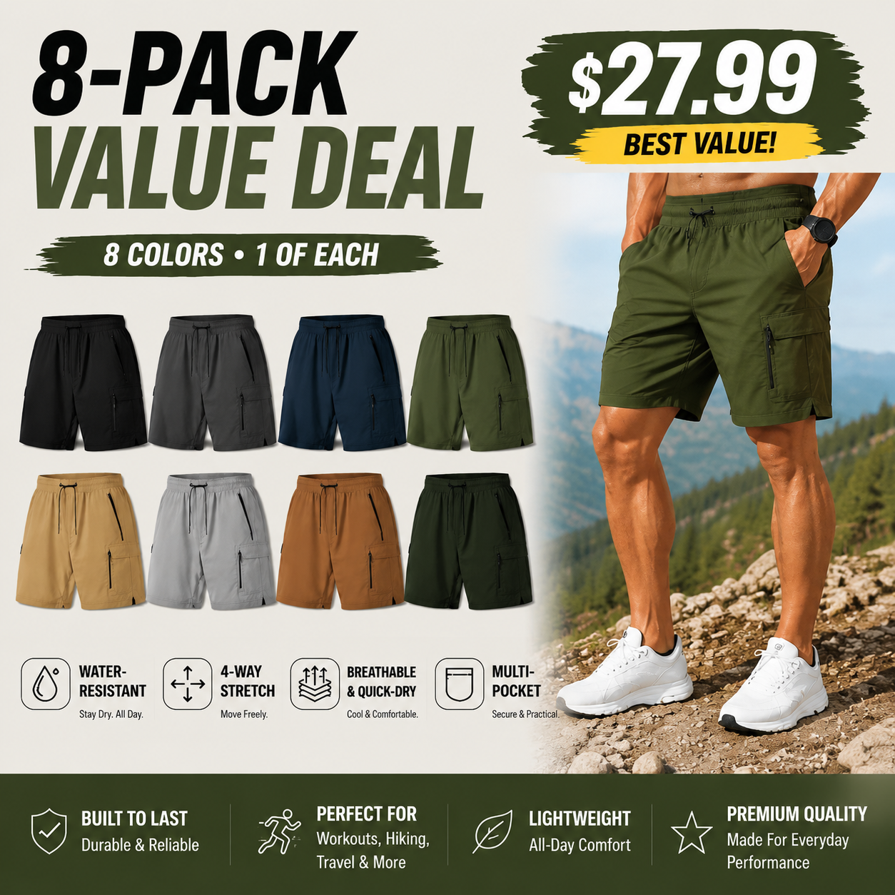 Men's Cargo Shorts Multi-Pack - Stretch Quick Dry Drawstring Work Shorts
