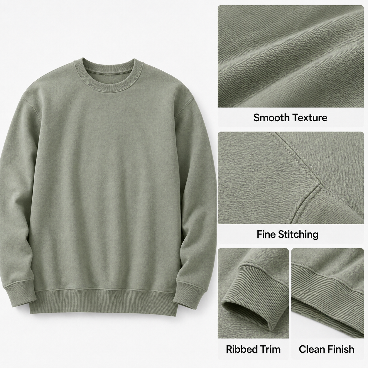 Men's crewneck sweatshirt smooth texture stitching cuffs and hem