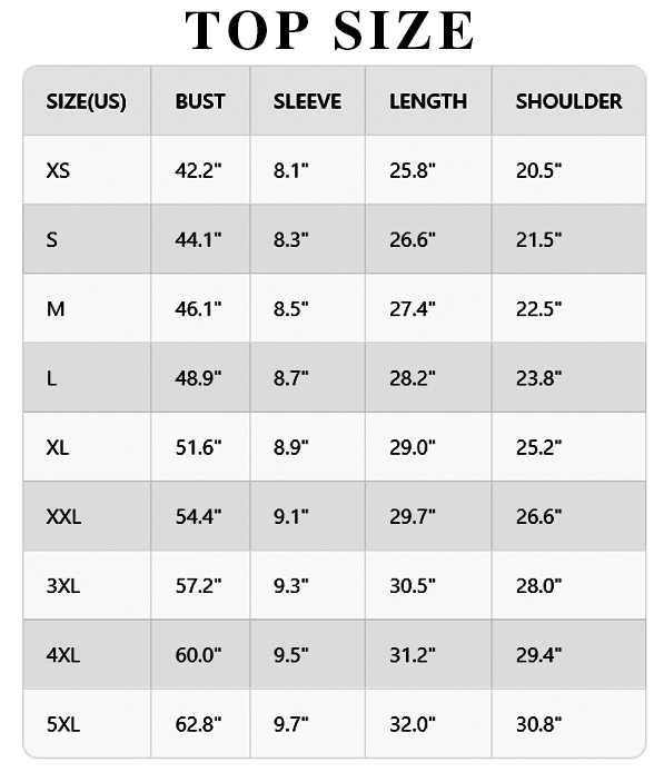 Women's oversized top size chart XS to 5XL