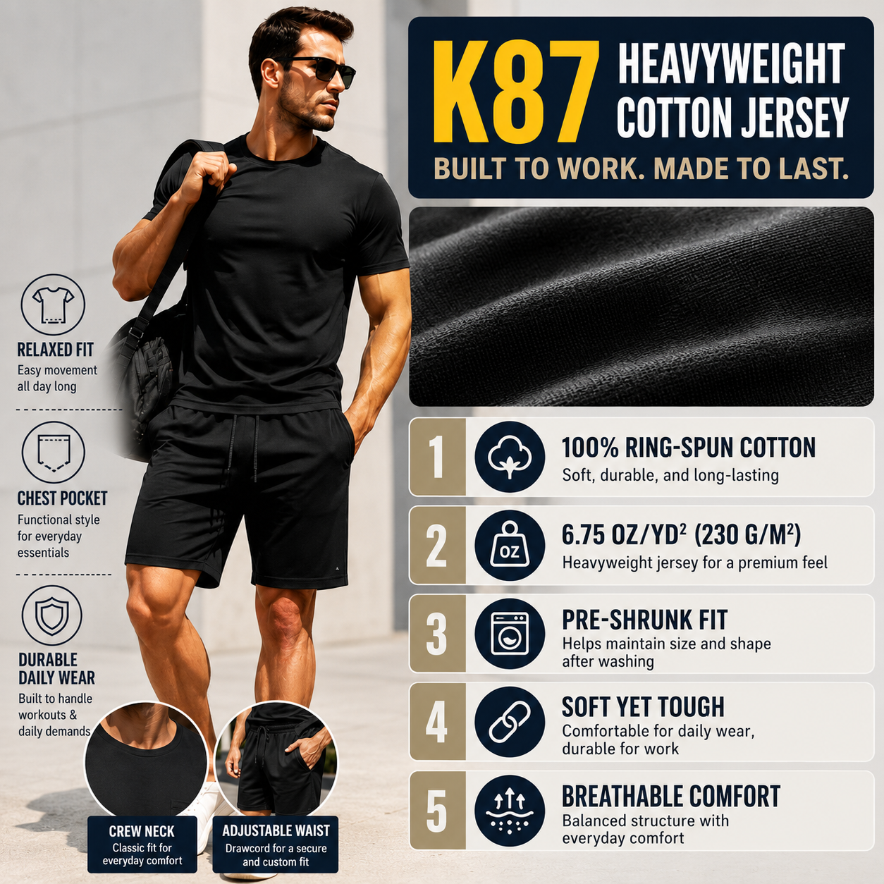 Men's Performance 2-Piece Set - 5-Pack Textured Tee & Shorts