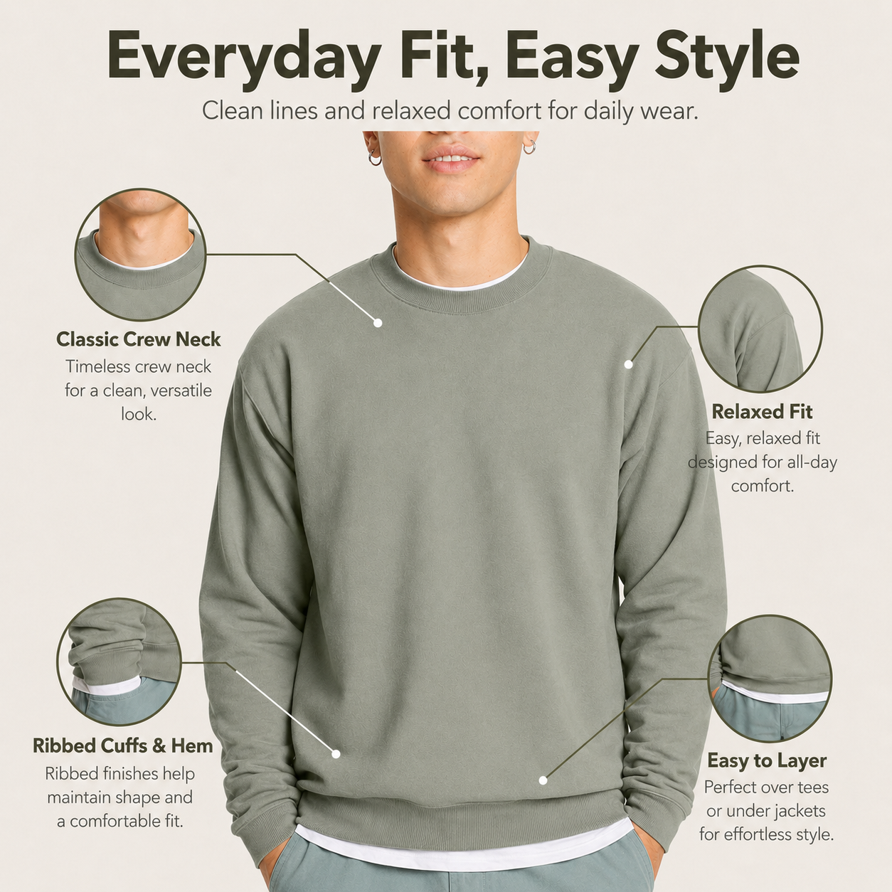 Men's relaxed crewneck sweatshirt fit and ribbed trim details
