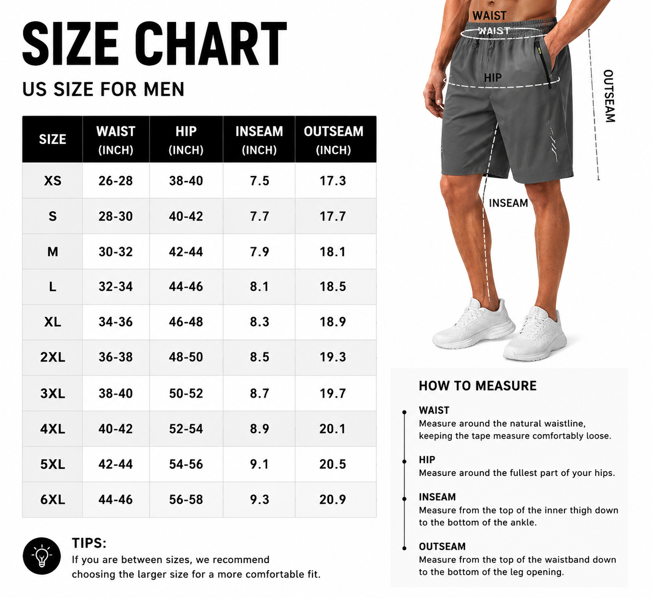 Men's performance shorts size chart XS to 6XL