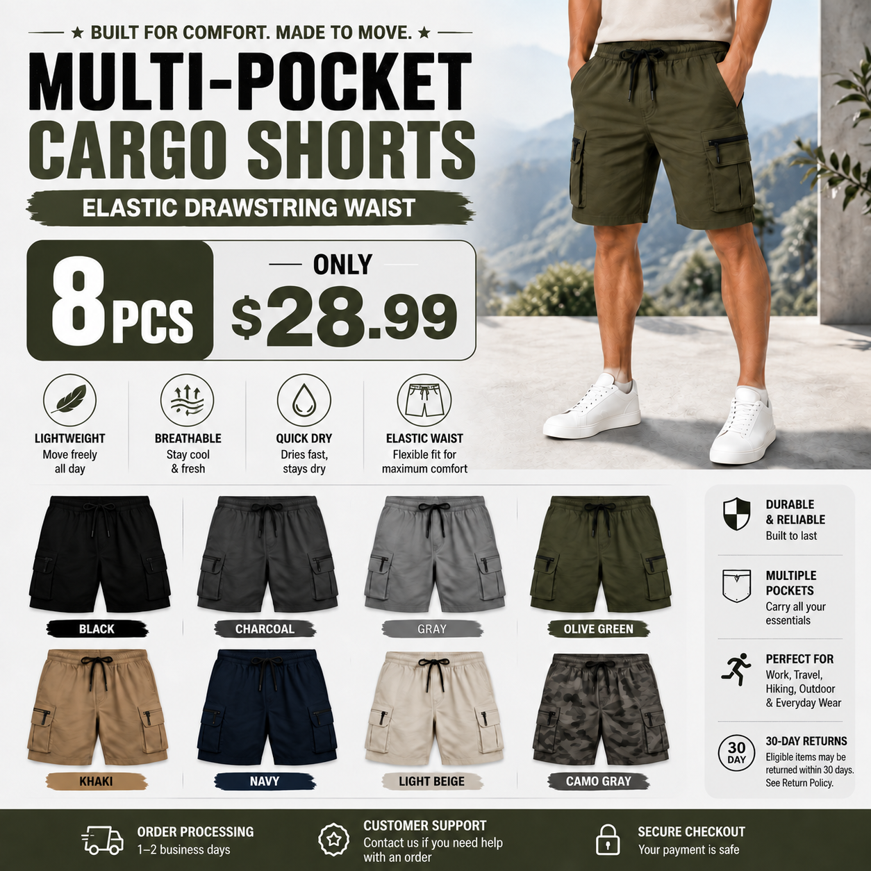 Men's Multi-Pocket Cargo Shorts Multi-Pack