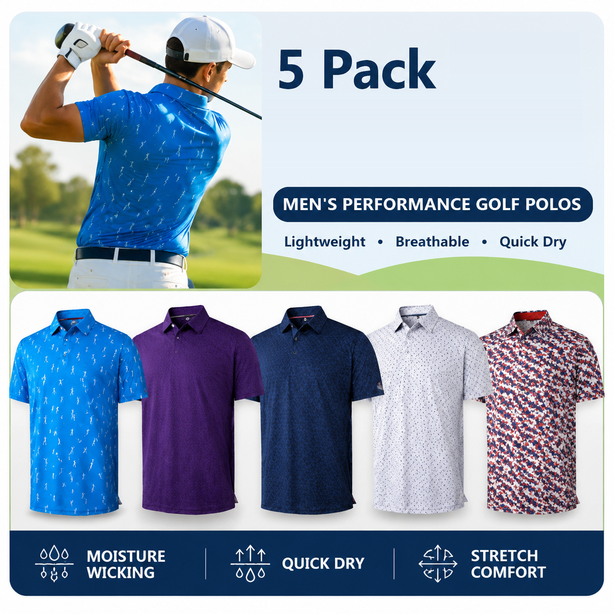 Men's Printed Breathable Golf Polo Shirt - Mixed 5-Pack A