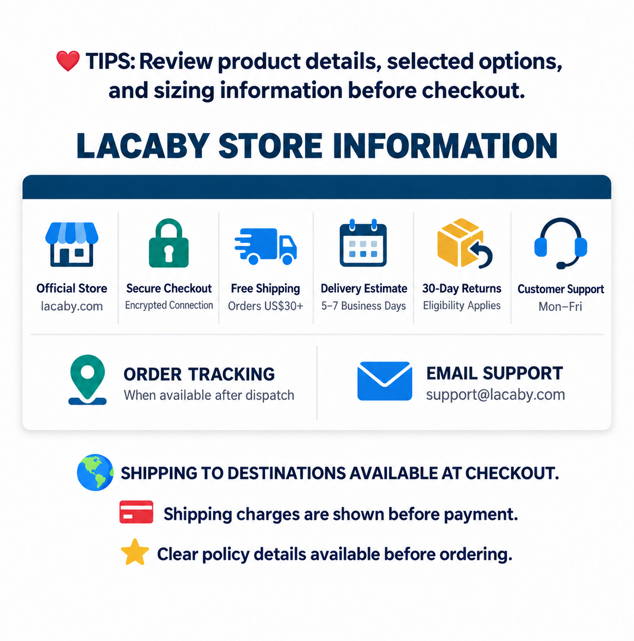 Lacaby order information for shipping, delivery, returns, customer support, tracking, and customs