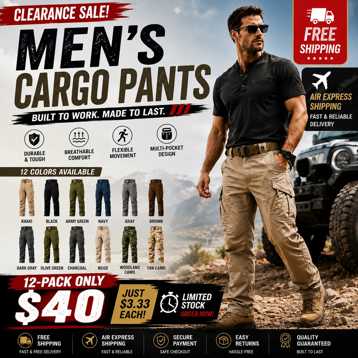 Men's cargo work pants 12-pack in assorted colors