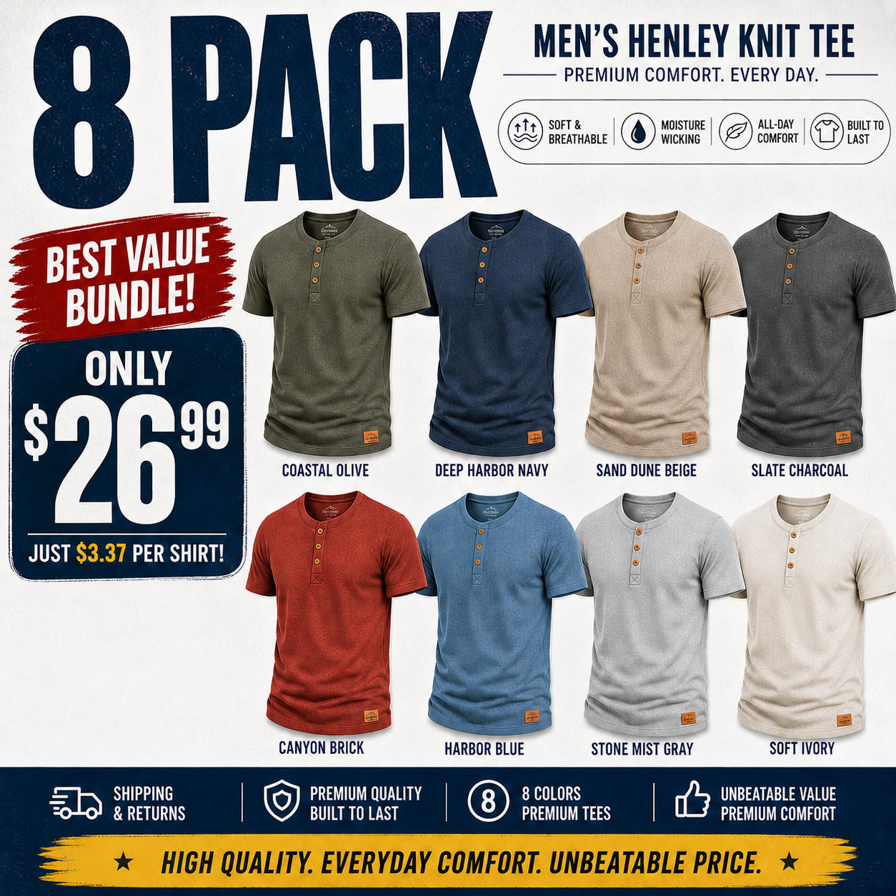 Men's Textured Henley Knit Tees – 8-Pack or 16-Pack