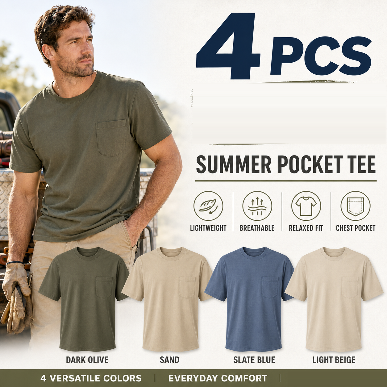 Men's Summer Pocket Tee Multi-Pack - 4-Pack Versatile Colors: Dark Olive / Sand / Slate Blue / Light Beige - $24.99