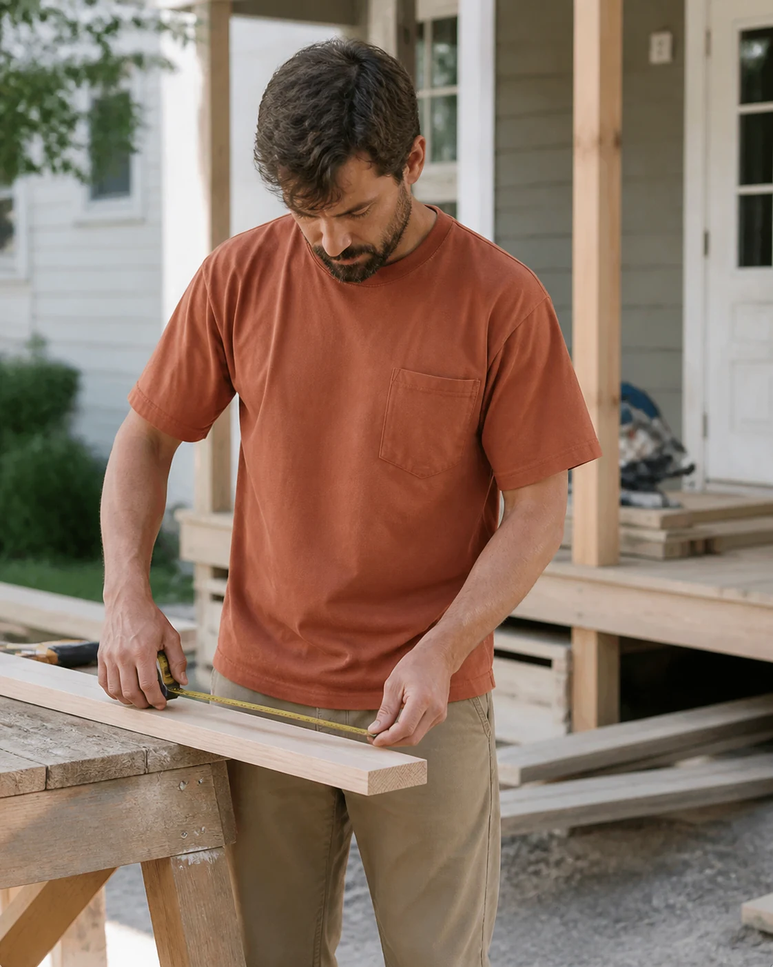 Men wearing a rust heavyweight pocket T-shirt during outdoor renovation work