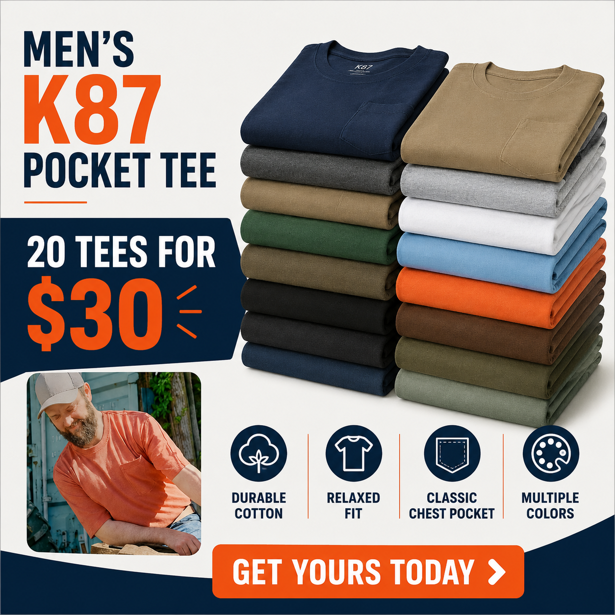Men's Workwear Loose Fit Heavyweight Short-Sleeve Pocket T-Shirt - 20-Pack (20 Colors)