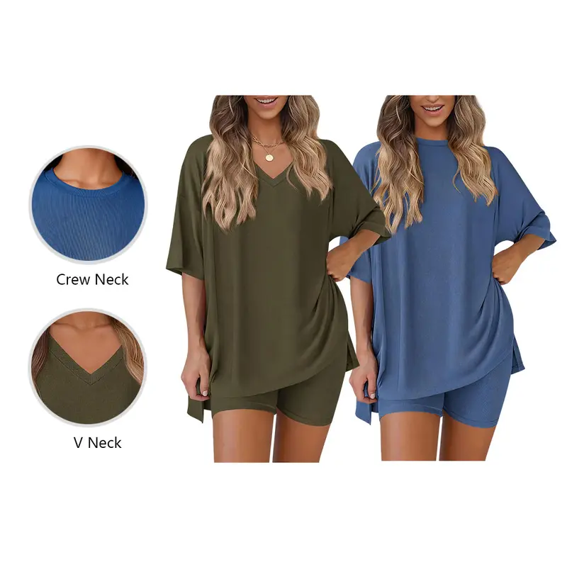 Women's two-piece set crew neck and V-neck examples