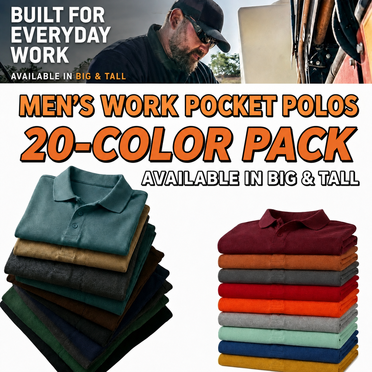 Men's work pocket polos 20-color pack