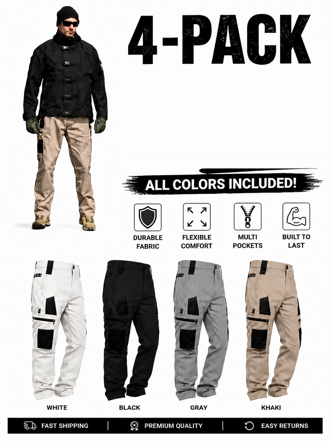 Men's Outdoor Tactical Pants Multi-Pack - 4-Pack B · White/Black/Gray/Khaki · $19.59