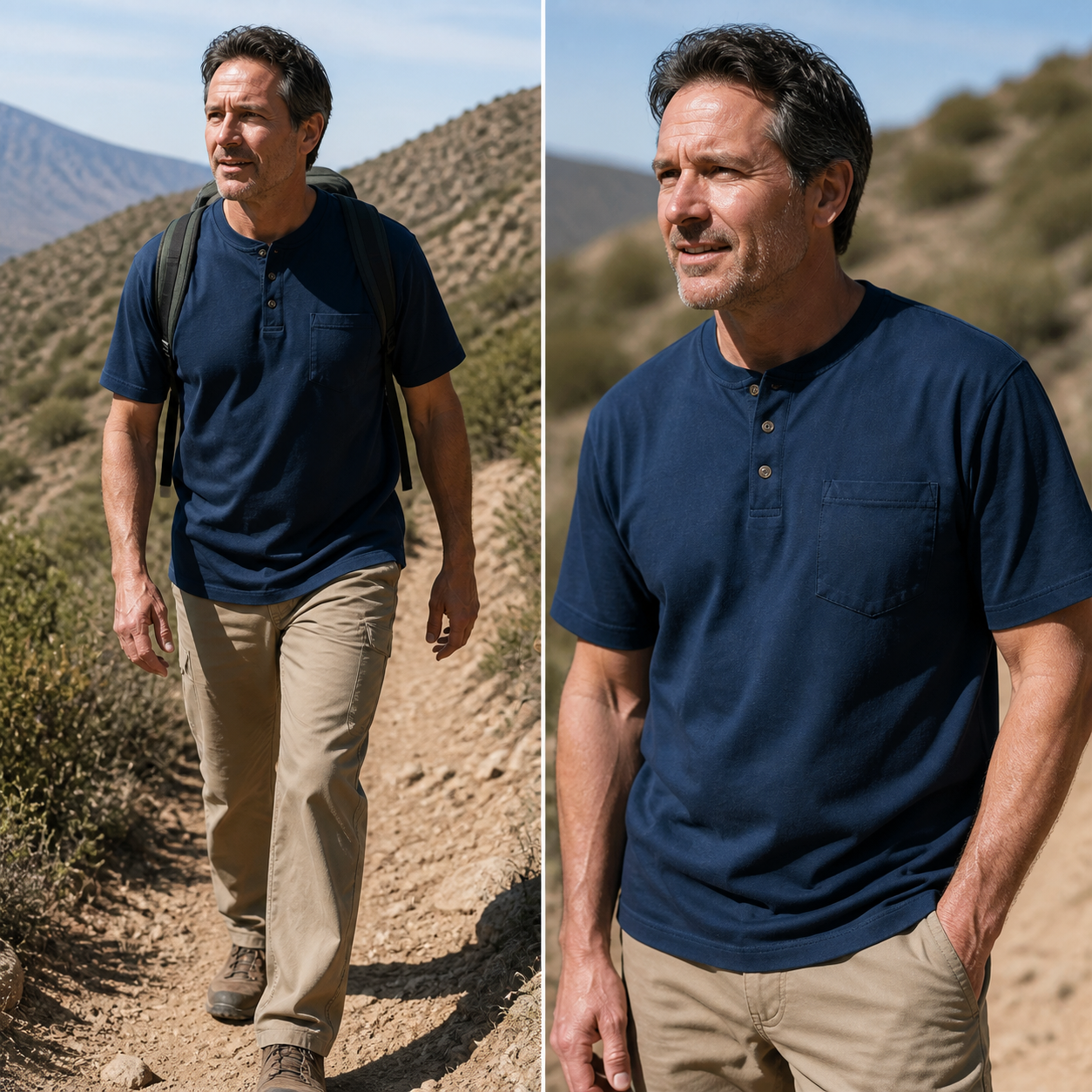 Men's heavyweight pocket Henley styled on a mountain trail