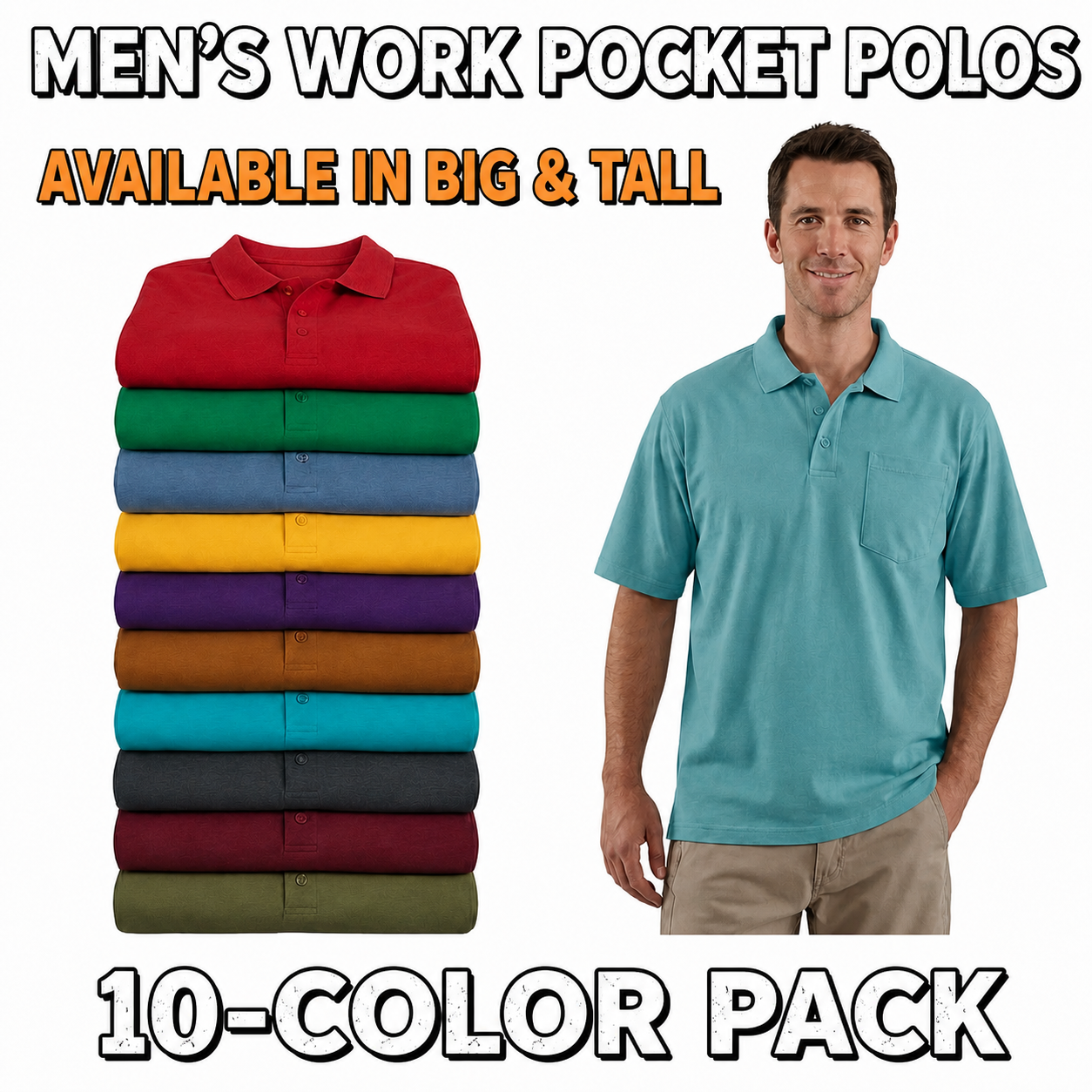 Men's work pocket polos 10-color pack