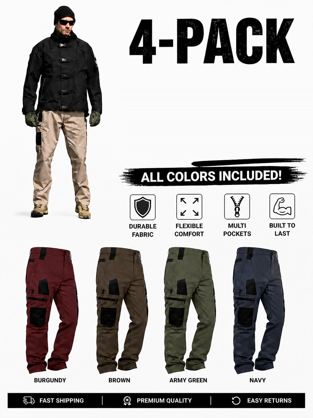 Men's Outdoor Tactical Pants Multi-Pack - 4-Pack A · Burgundy/Brown/Army Green/Navy · $19.59
