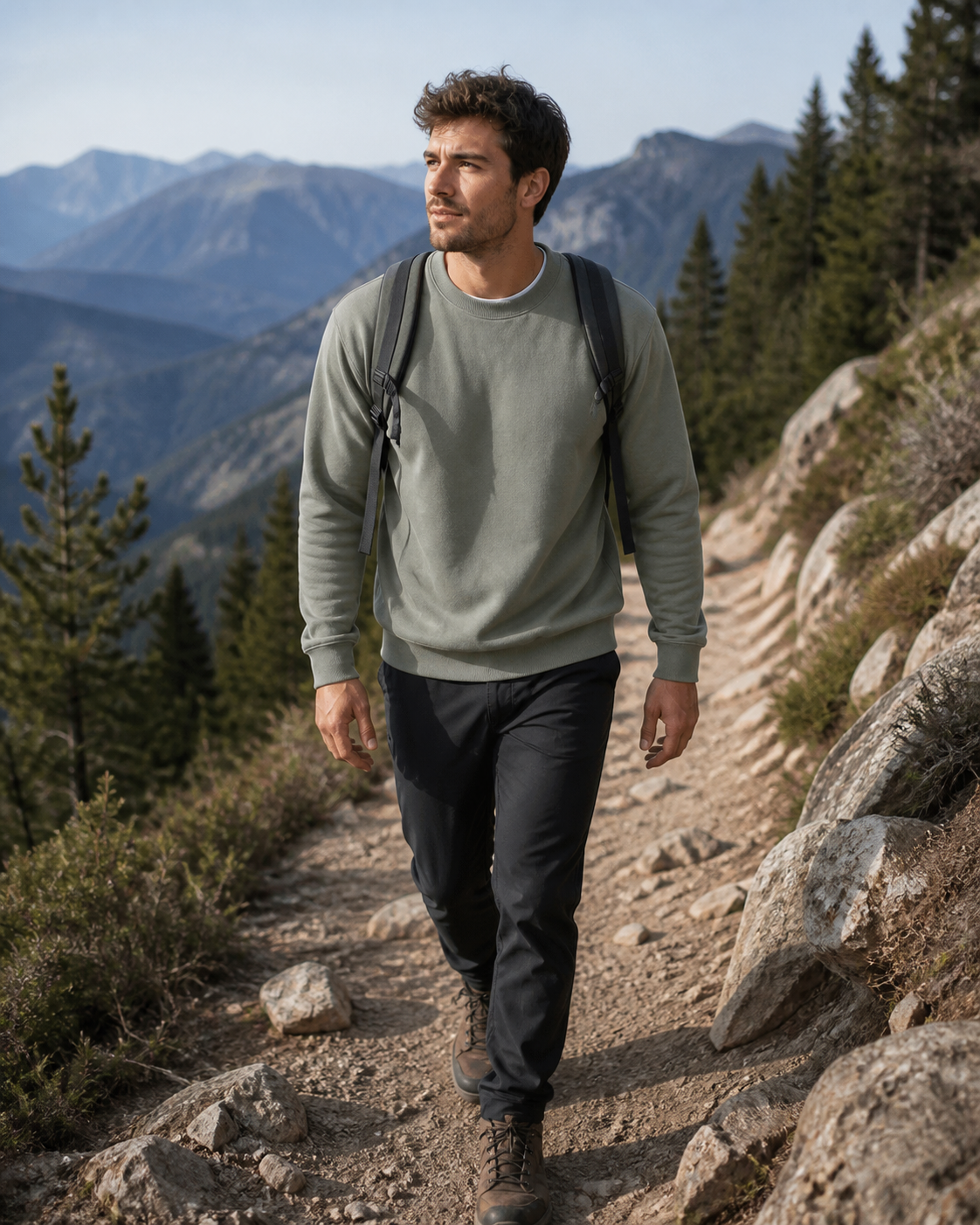 Man hiking in a sage green crewneck sweatshirt on a mountain trail