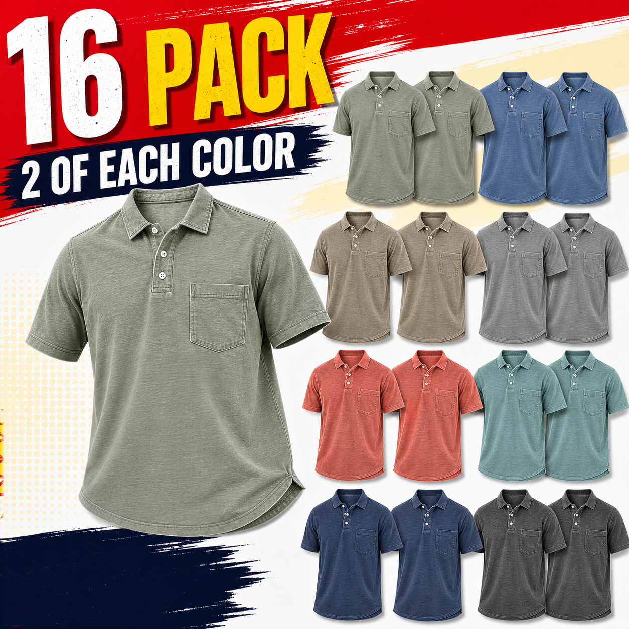 8-Pack Men's Washed Cotton Blend Pocket Polo Shirts