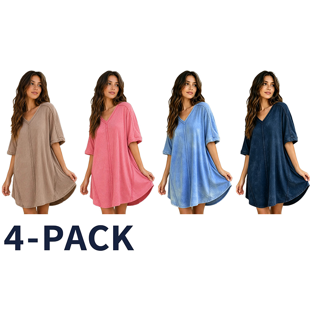Women's Ribbed Acid-Wash V-Neck Mini Dress Multipack