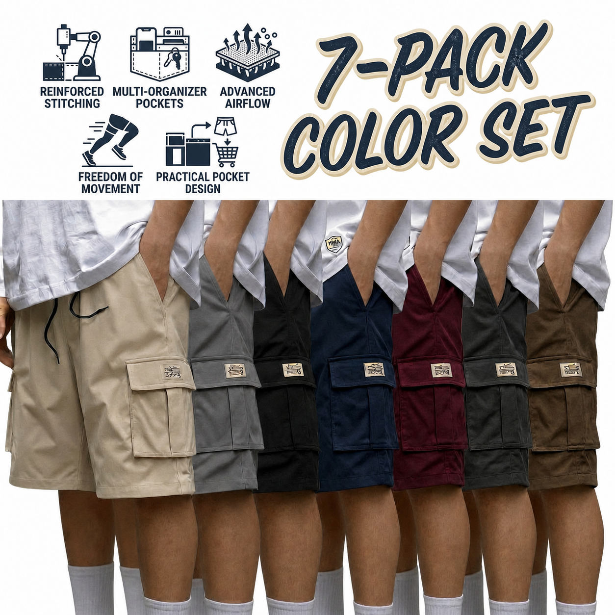 Men's sport cargo shorts 7-pack color set
