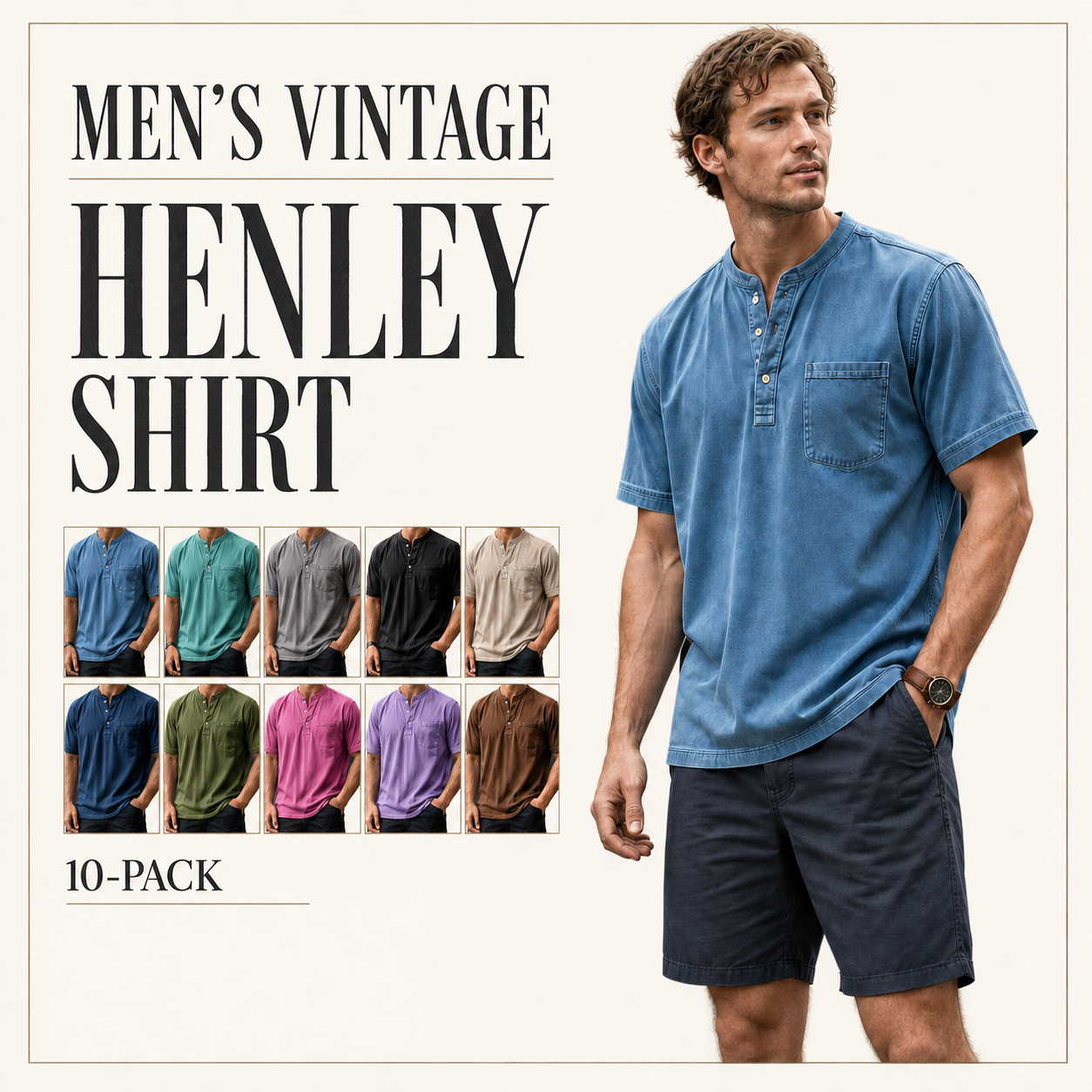 Men's Casual Solid Color Vintage Loose Pocket Short Sleeve Button-down Henley Shirt