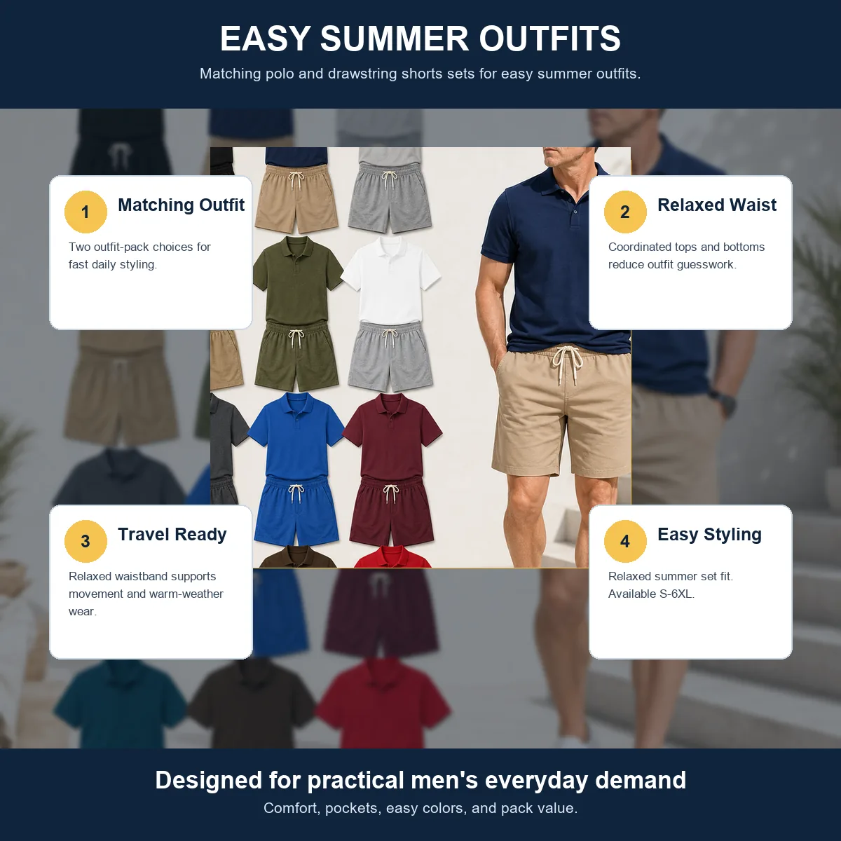 Men's Polo Shirt & Drawstring Shorts Summer Set Multi-Pack feature photo