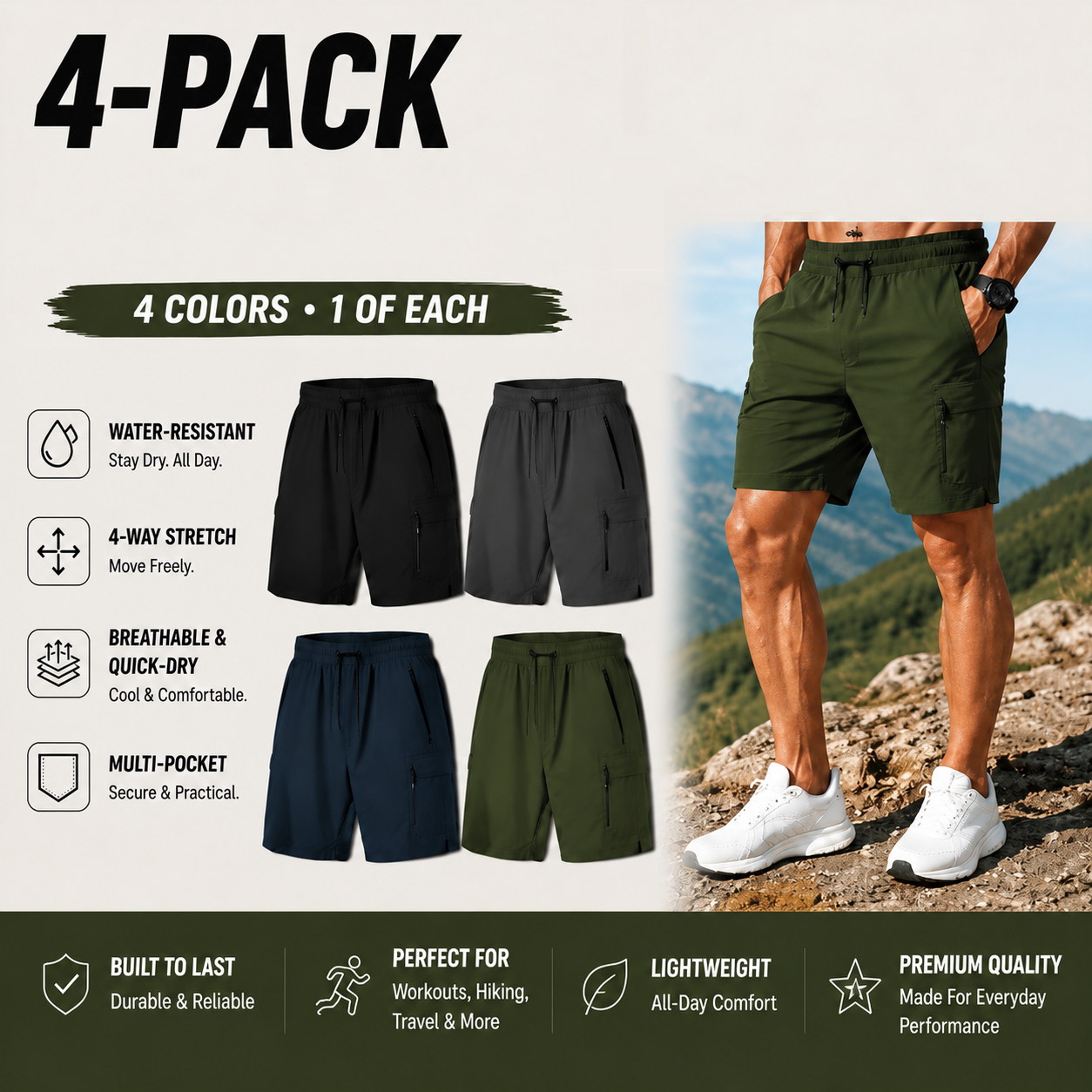 Men's Cargo Shorts Multi-Pack - Stretch Lightweight Drawstring Work Shorts - 4-PACK Value Deal A (Black / Charcoal / Navy / Olive) - $21.99