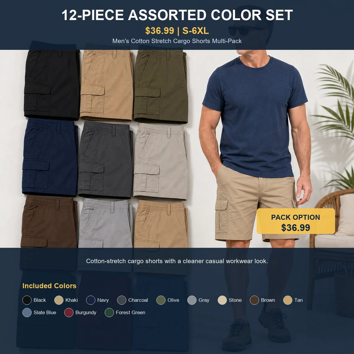 Men's Cotton Stretch Cargo Shorts Multi-Pack 12-Piece Assorted Color Set - $36.99