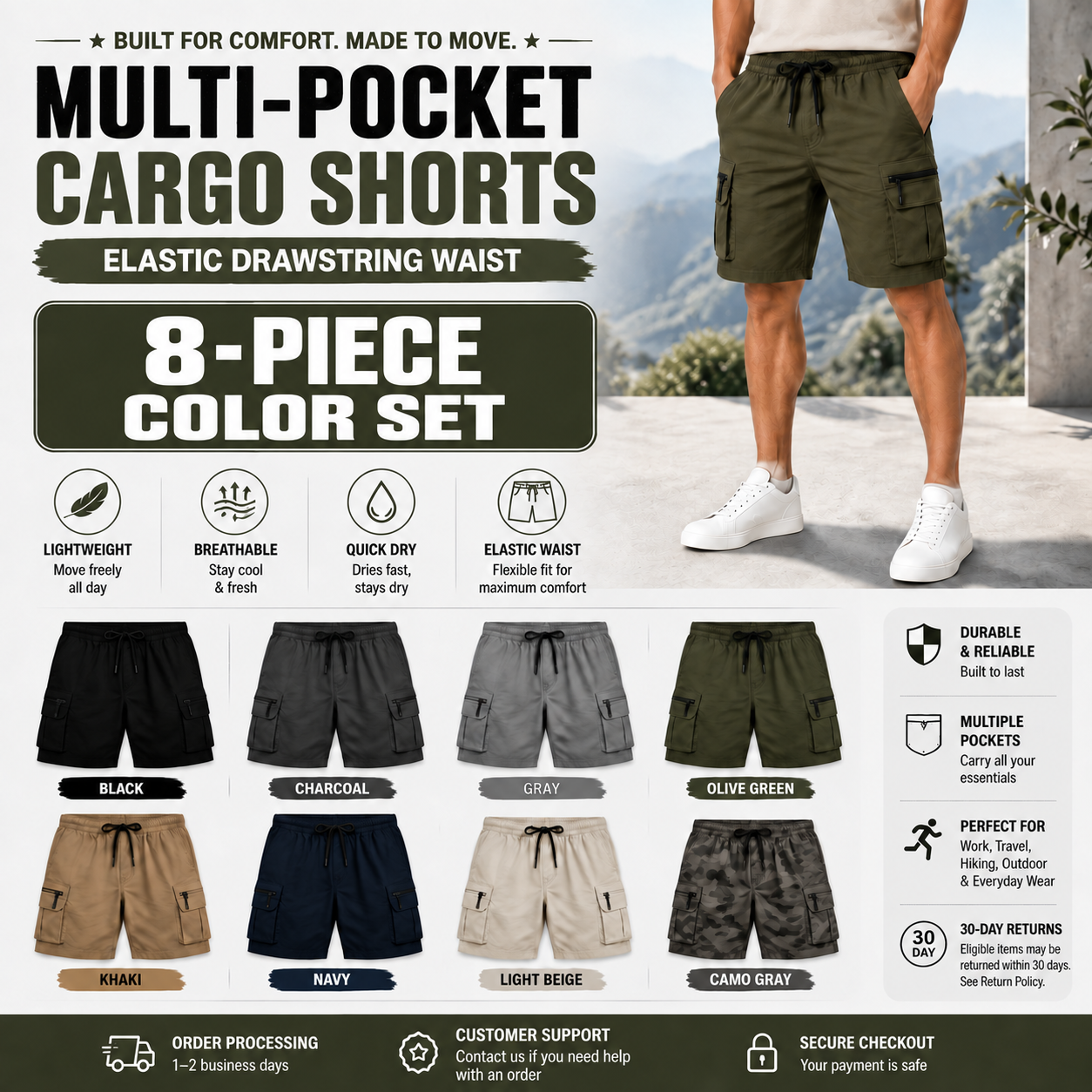 Men's Multi-Pocket Cargo Shorts Multi-Pack - 8-Pack: All 8 Colors - $28.99