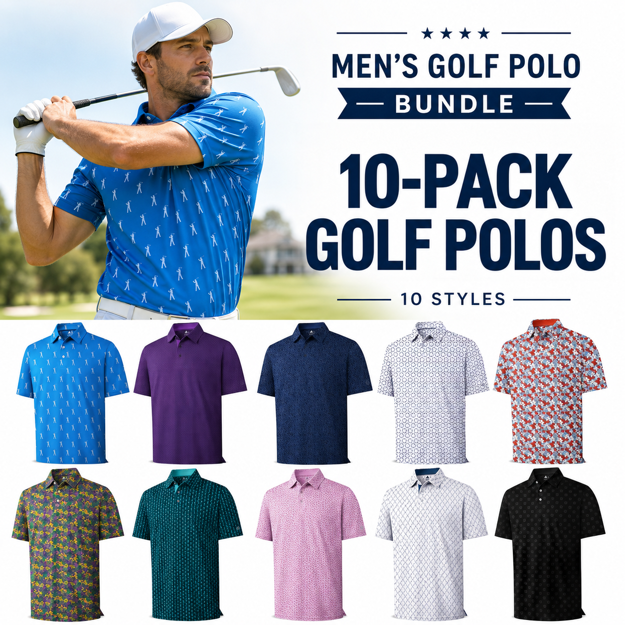 Men's Printed Breathable Golf Polo Shirt - Mixed 10-Pack